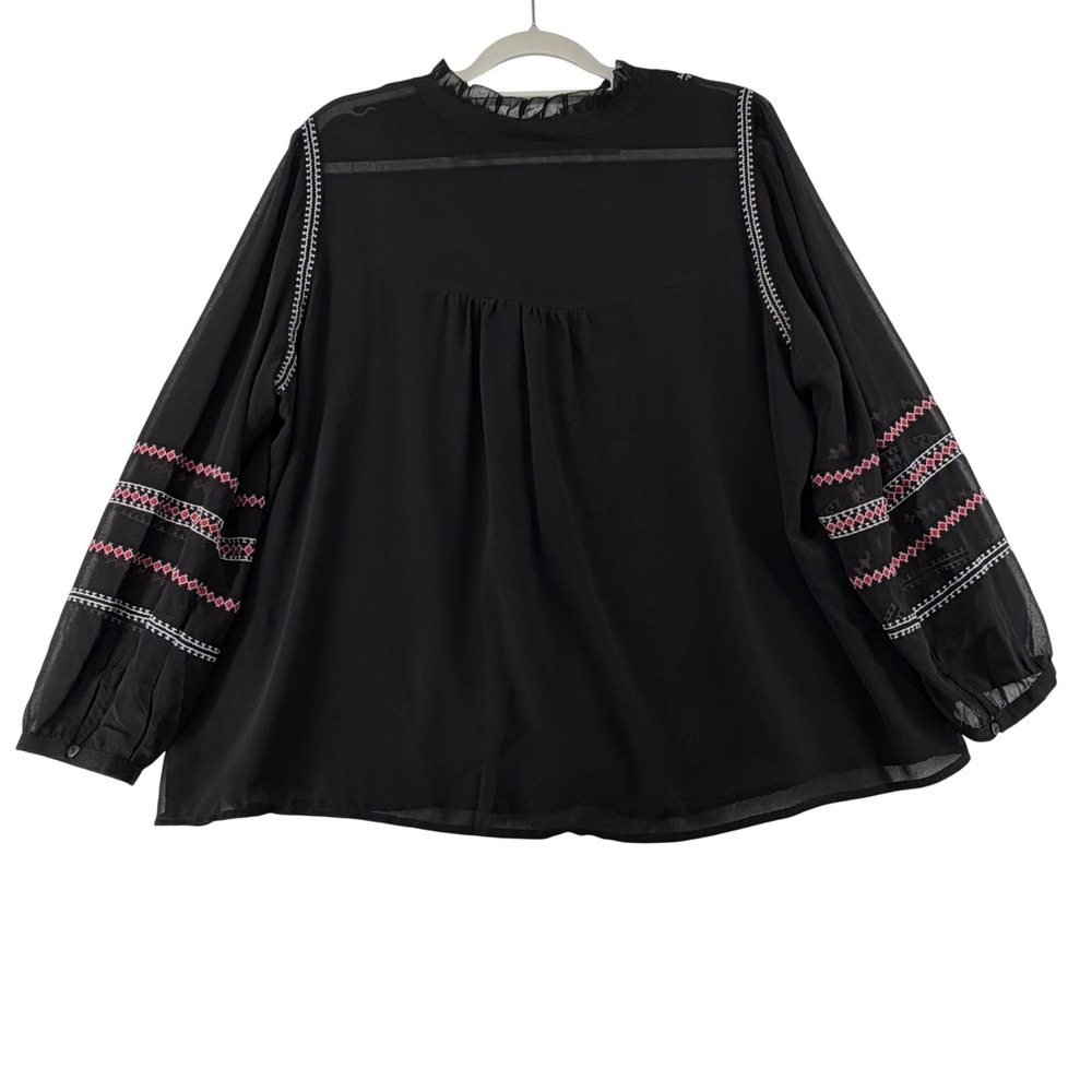 Tribal Embroidered Pintuck Peasant Blouse Semi Sheer Womens X-Large Black Boho - Picture 9 of 10
